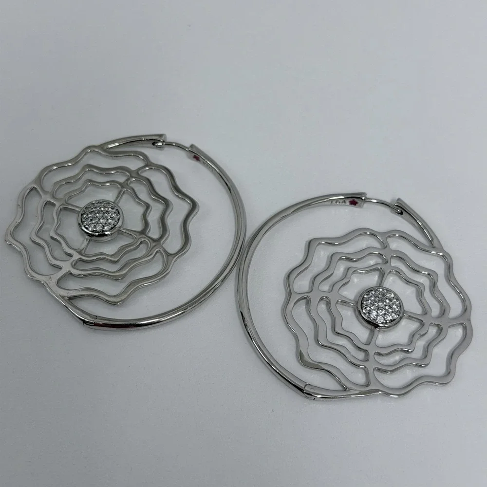 Lauren G Adams Large Rose Pave Earrings LGA Silver Tone Metal For Pierced Ears